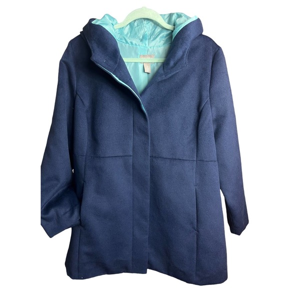 Chico's Jackets & Blazers - Chico's Hooded Coat, Faux-Wool Winter Mid Jacket | Size 2 (Large) | Navy Blue